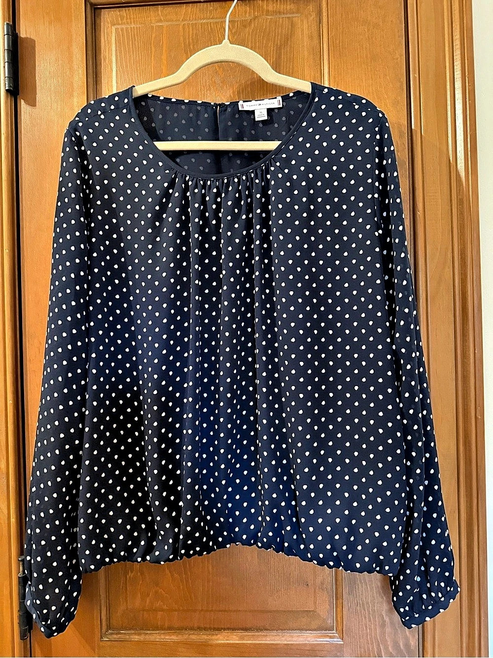 Tommy Hilfiger Polka Dot Ruched Blouse Blue & White XL
